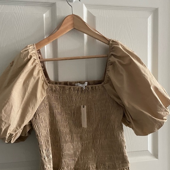 ANTHROPOLOGIE ENDLESS ROSE Smocked Puff-Sleeved Mini Dress Beige - Picture 9 of 11